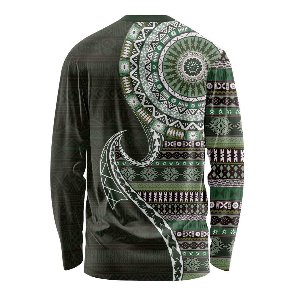 Fijian Masi Tribal Tattoos Art Pattern Long Sleeve Shirt Green Color Half Style - Polynesian Pride
