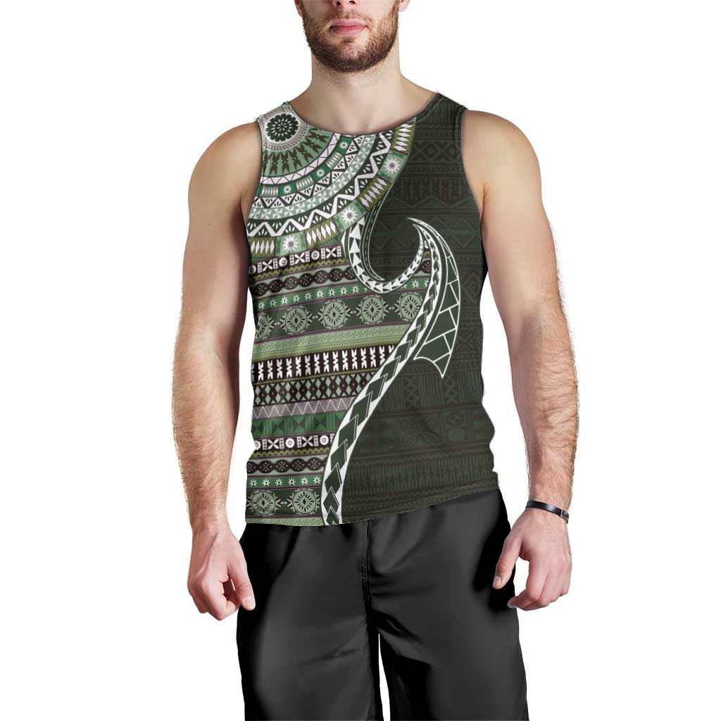 Fijian Masi Tribal Tattoos Art Pattern Men Tank Top Green Color Half Style - Polynesian Pride