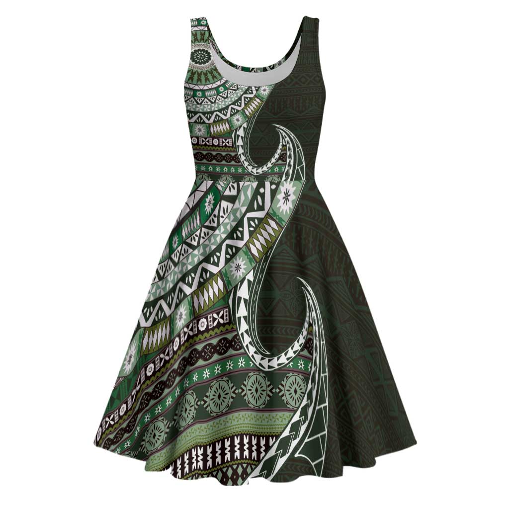 Fijian Masi Tribal Tattoos Art Pattern Midi Dress Green Color Half Style - Polynesian Pride
