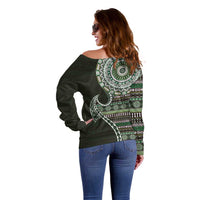 Fijian Masi Tribal Tattoos Art Pattern Off Shoulder Sweater Green Color Half Style - Polynesian Pride