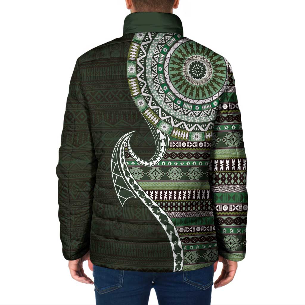 Fijian Masi Tribal Tattoos Art Pattern Padded Jacket Green Color Half Style - Polynesian Pride