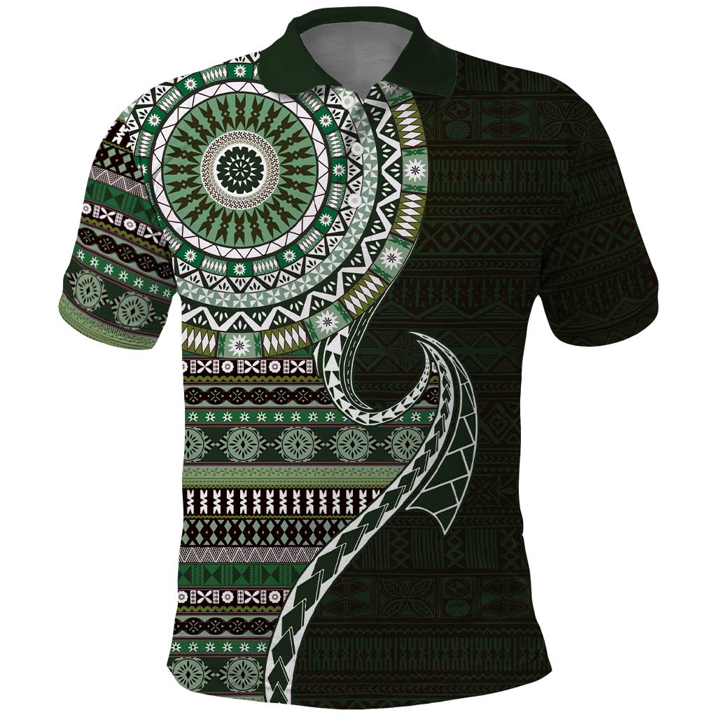 Fijian Masi Tribal Tattoos Art Pattern Polo Shirt Green Color Half Style - Polynesian Pride