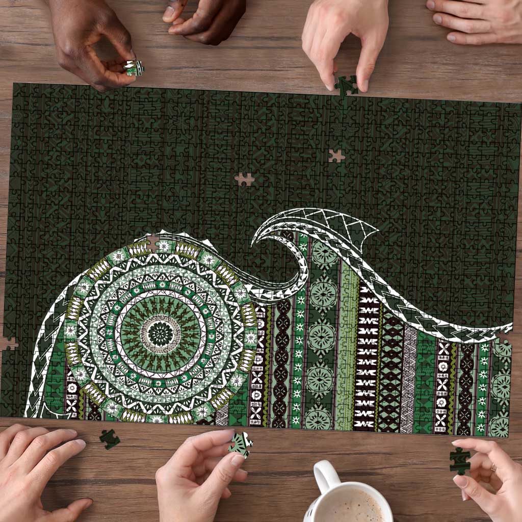 Fijian Masi Tribal Tattoos Art Pattern Puzzle Green Color Half Style - Polynesian Pride