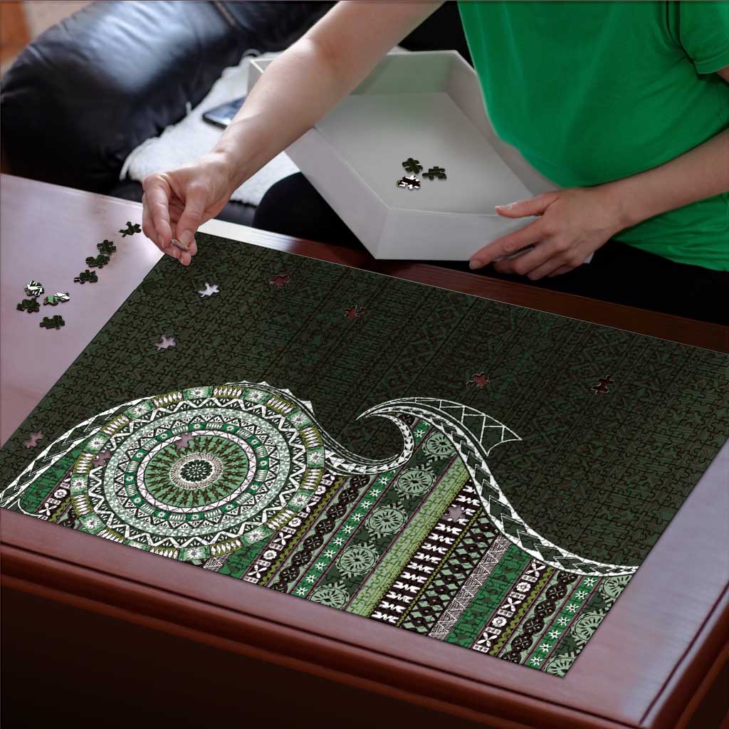 Fijian Masi Tribal Tattoos Art Pattern Puzzle Green Color Half Style - Polynesian Pride