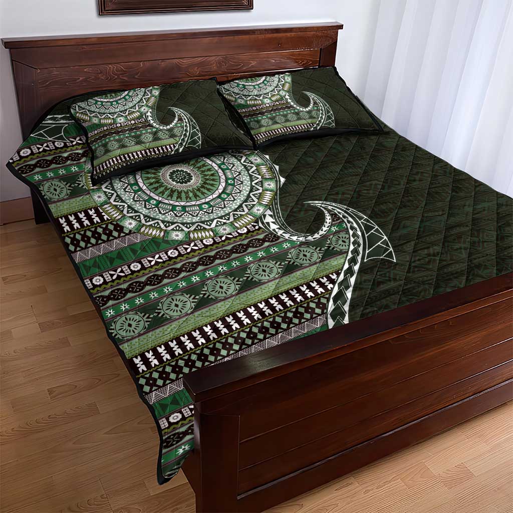 Fijian Masi Tribal Tattoos Art Pattern Quilt Bed Set Green Color Half Style - Polynesian Pride