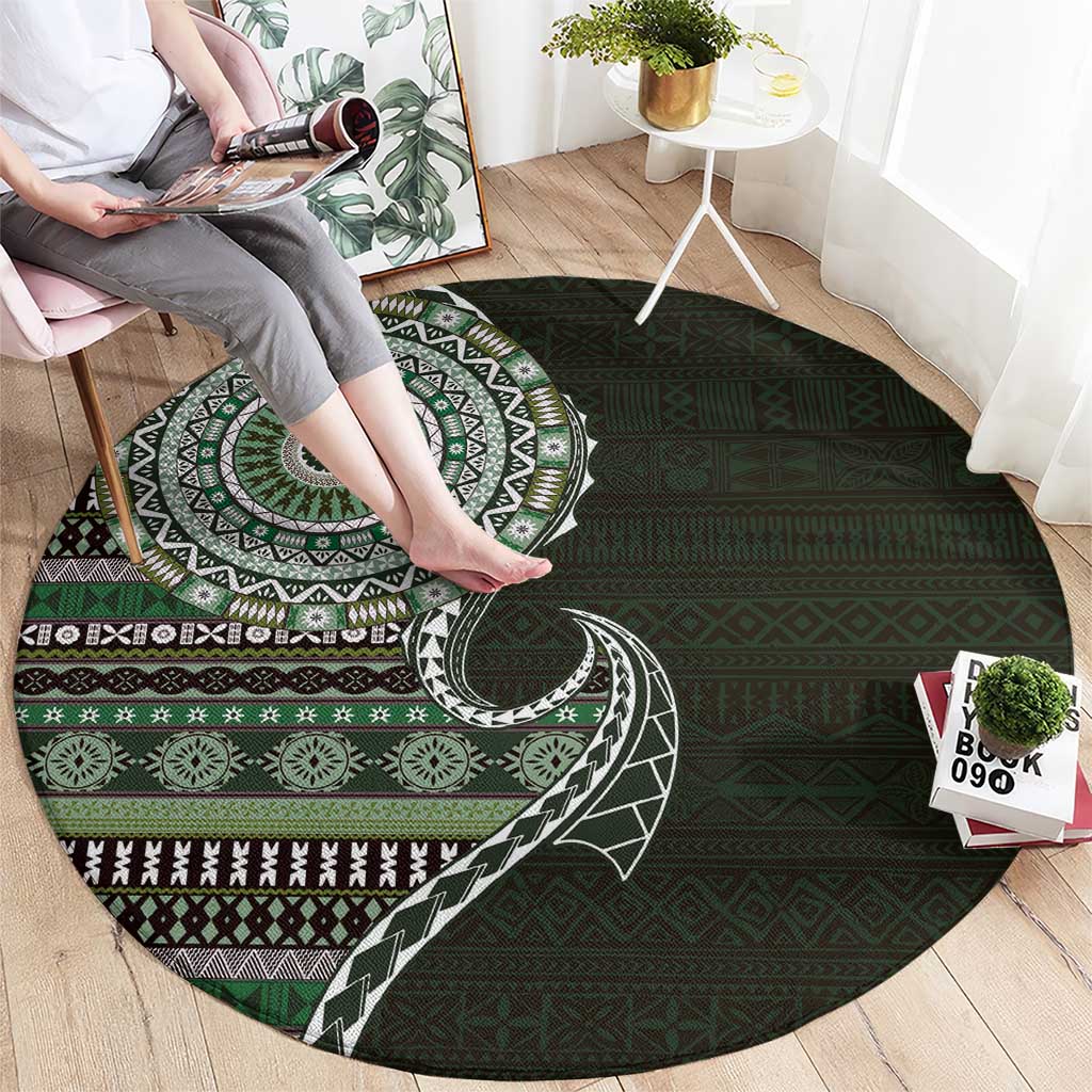 Fijian Masi Tribal Tattoos Art Pattern Round Carpet Green Color Half Style - Polynesian Pride