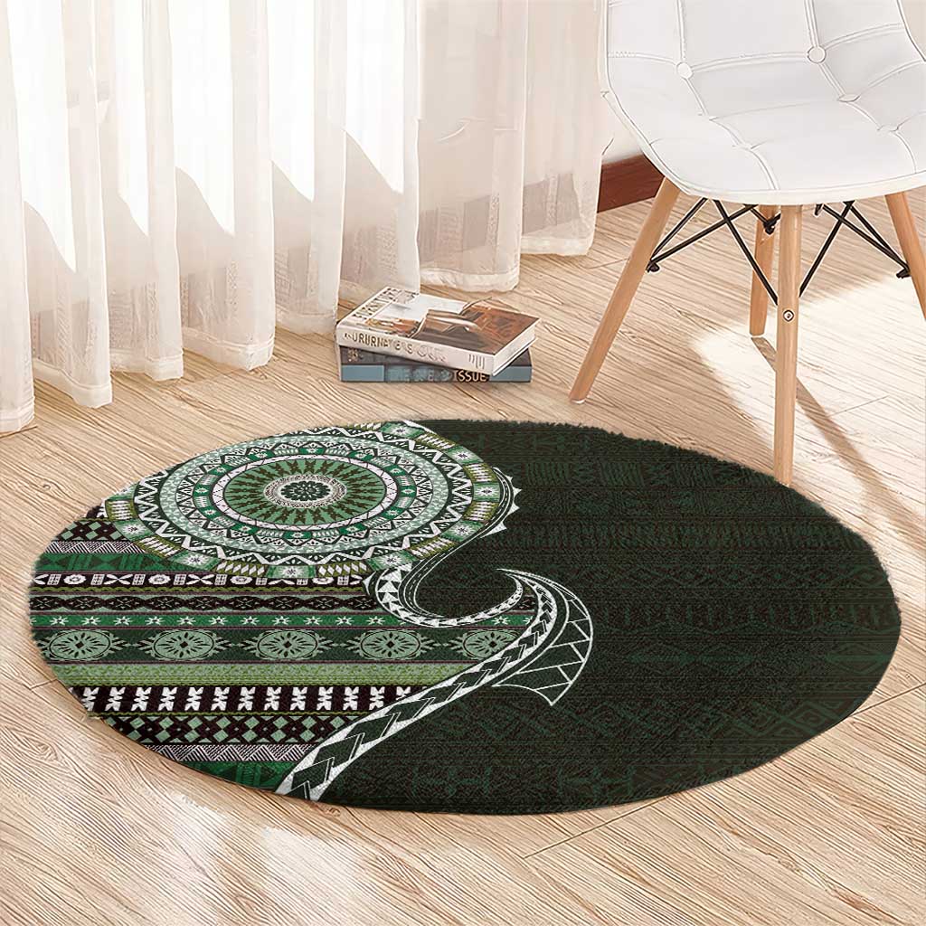 Fijian Masi Tribal Tattoos Art Pattern Round Carpet Green Color Half Style - Polynesian Pride