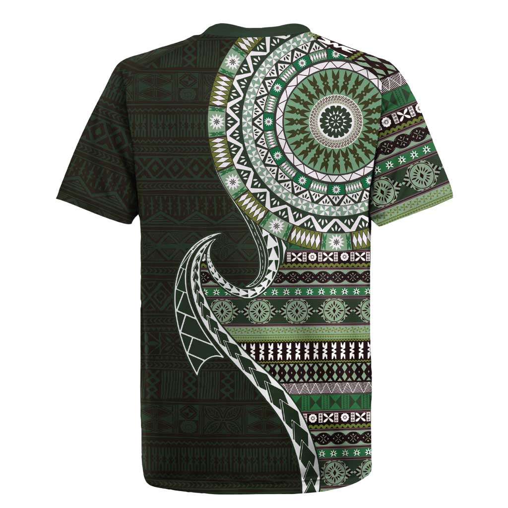 Fijian Masi Tribal Tattoos Art Pattern Rugby Jersey Green Color Half Style - Polynesian Pride