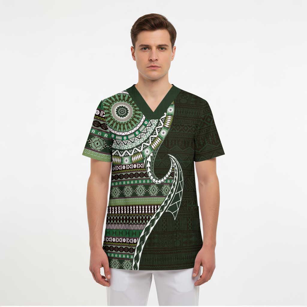 Fijian Masi Tribal Tattoos Art Pattern Scrub Top Green Color Half Style - Polynesian Pride