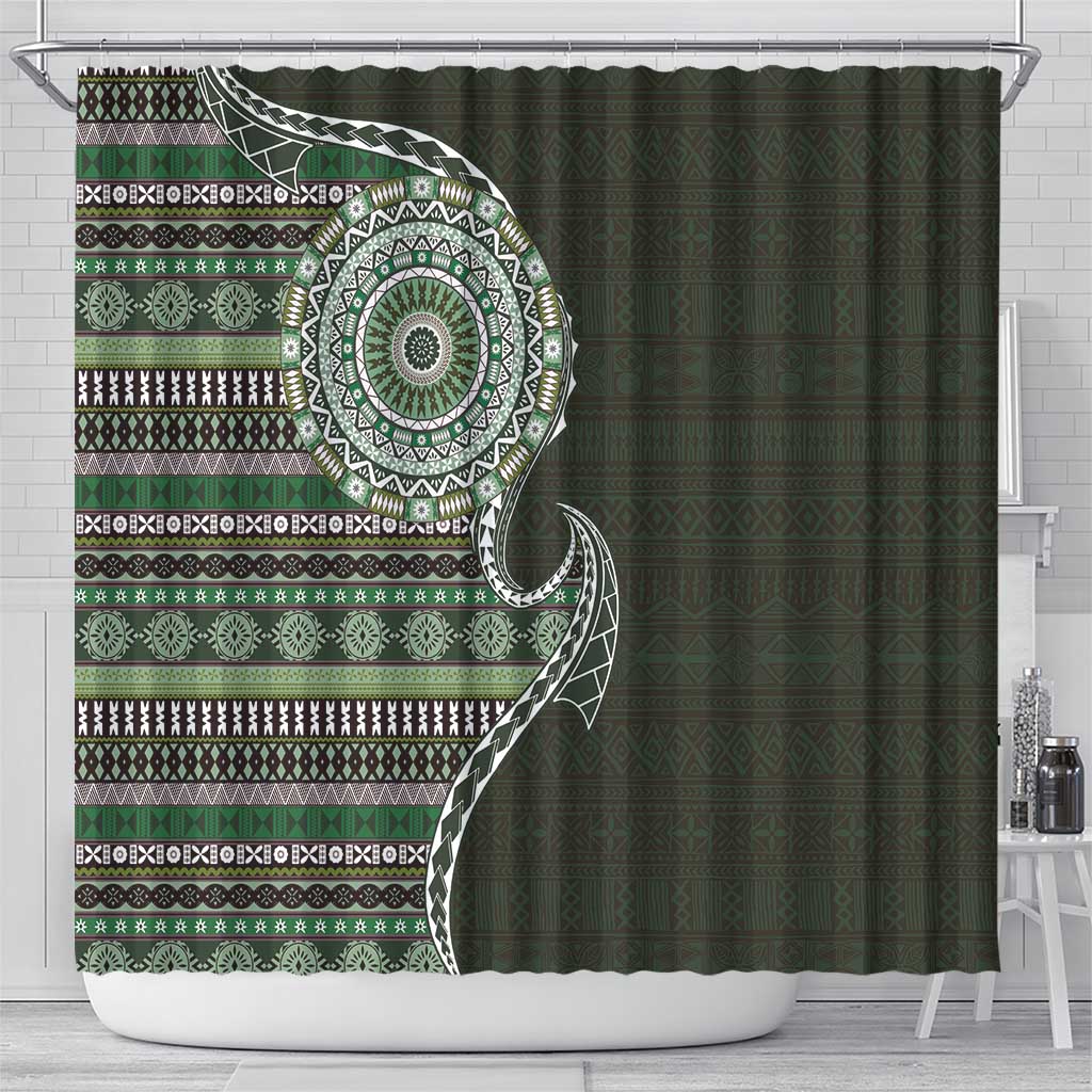 Fijian Masi Tribal Tattoos Art Pattern Shower Curtain Green Color Half Style - Polynesian Pride