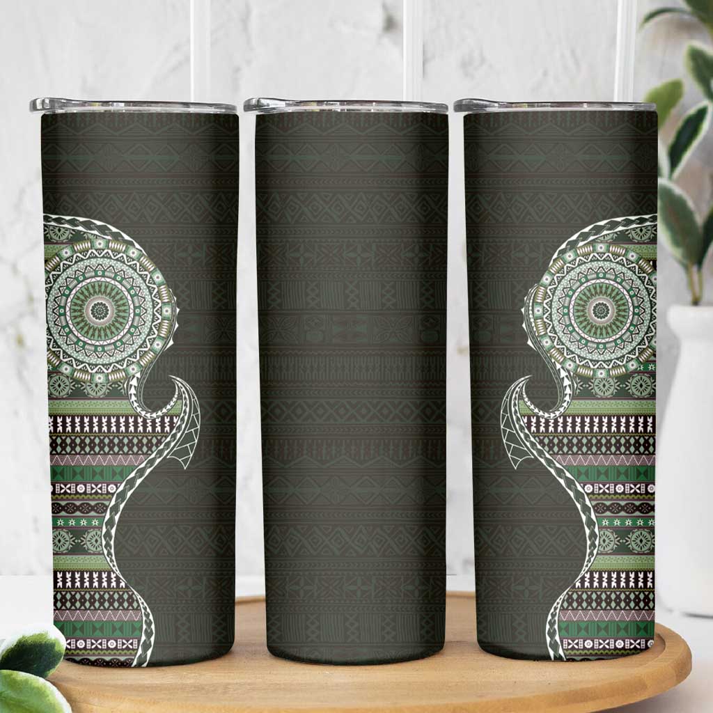 Fijian Masi Tribal Tattoos Art Pattern Skinny Tumbler Green Color Half Style - Polynesian Pride