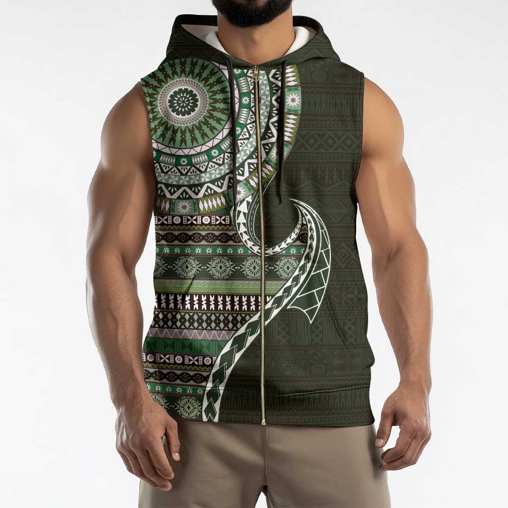 Fijian Masi Tribal Tattoos Art Pattern Sleeveless Zip Hoodie Green Color Half Style - Polynesian Pride