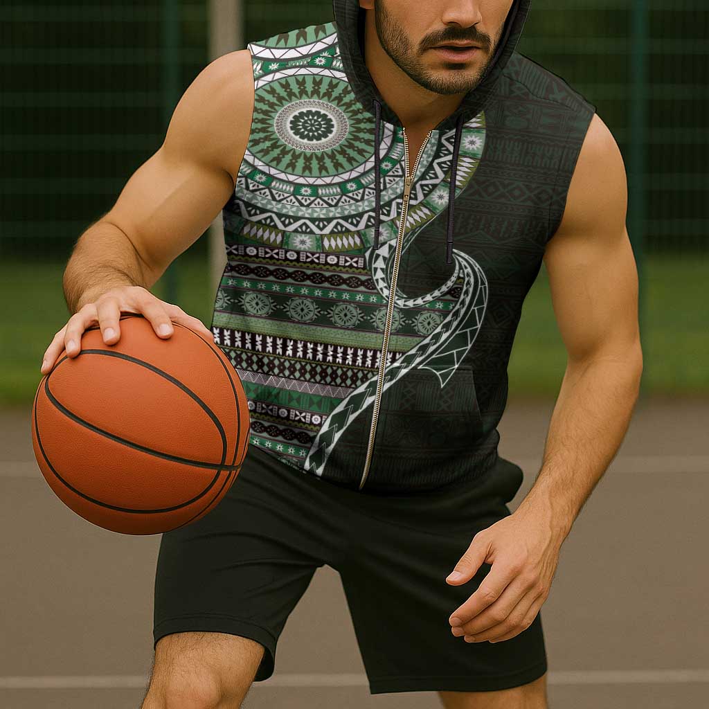 Fijian Masi Tribal Tattoos Art Pattern Sleeveless Zip Hoodie Green Color Half Style - Polynesian Pride