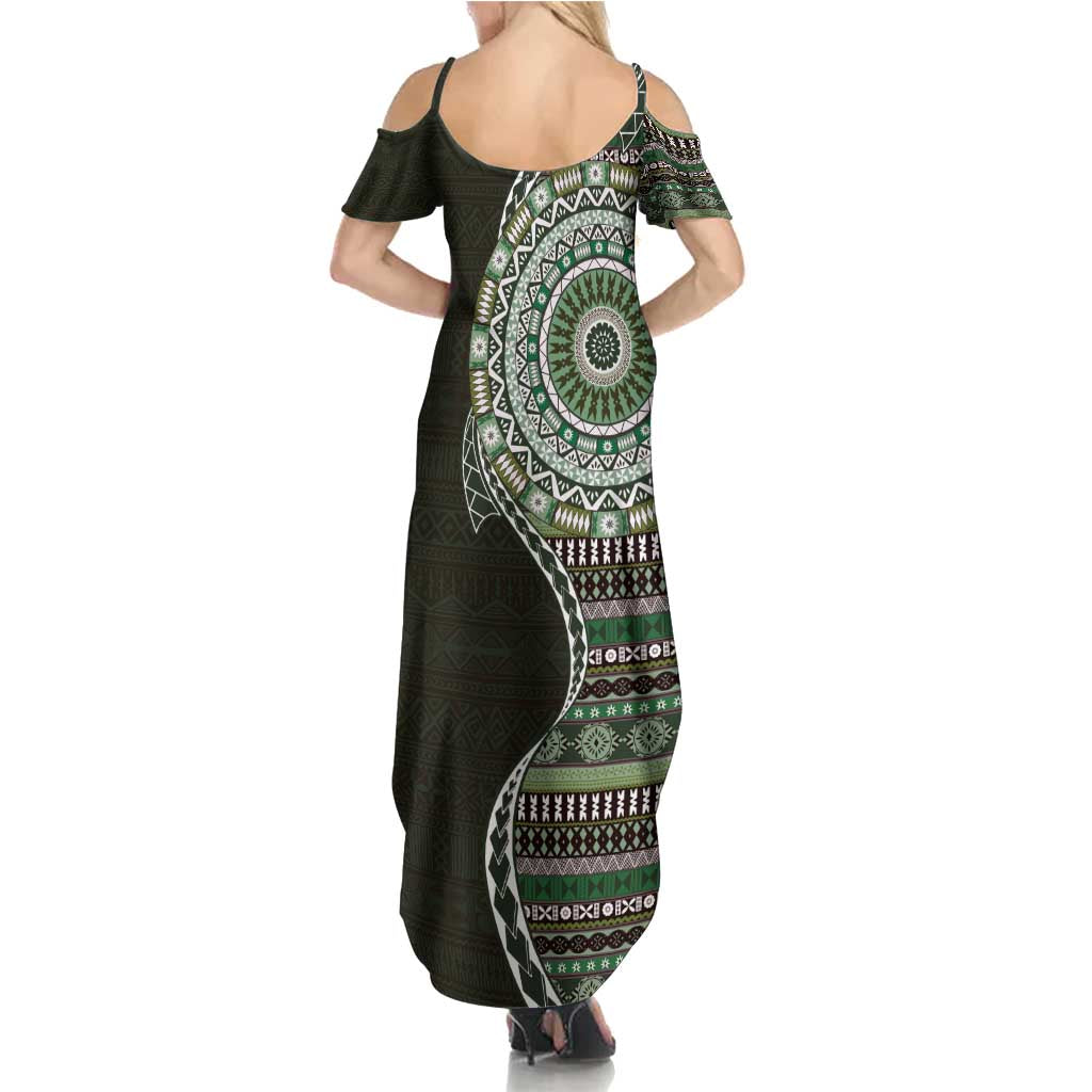 Fijian Masi Tribal Tattoos Art Pattern Summer Maxi Dress Green Color Half Style - Polynesian Pride