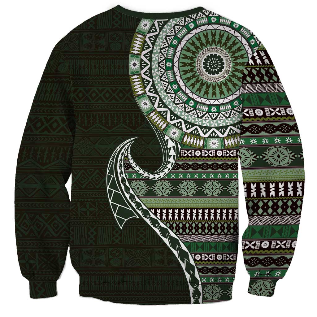 Fijian Masi Tribal Tattoos Art Pattern Sweatshirt Green Color Half Style - Polynesian Pride