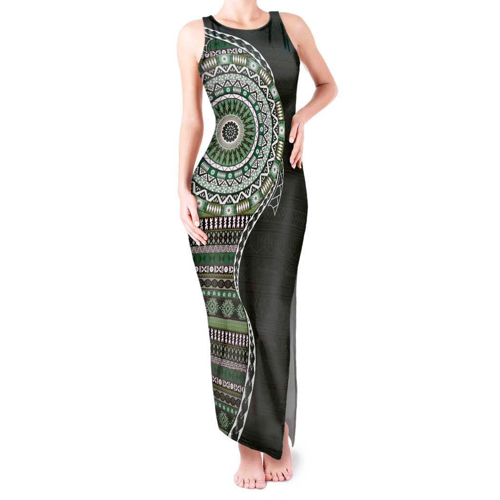 Fijian Masi Tribal Tattoos Art Pattern Tank Maxi Dress Green Color Half Style - Polynesian Pride