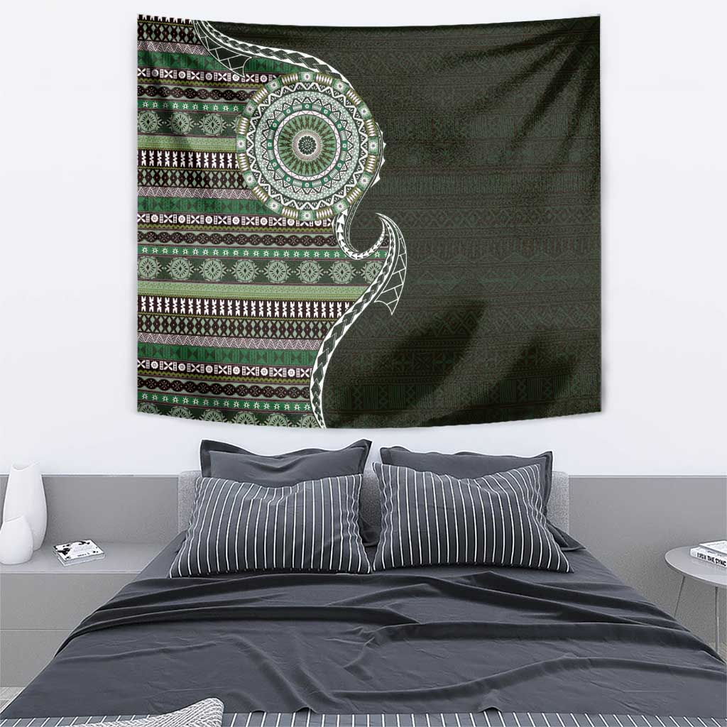 Fijian Masi Tribal Tattoos Art Pattern Tapestry Green Color Half Style - Polynesian Pride