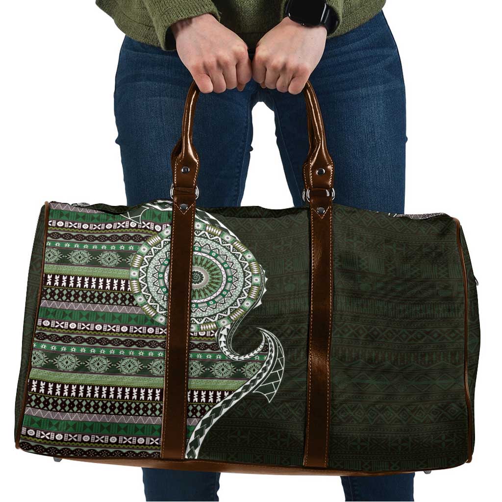 Fijian Masi Tribal Tattoos Art Pattern Travel Bag Green Color Half Style - Polynesian Pride