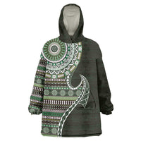 Fijian Masi Tribal Tattoos Art Pattern Wearable Blanket Hoodie Green Color Half Style - Polynesian Pride
