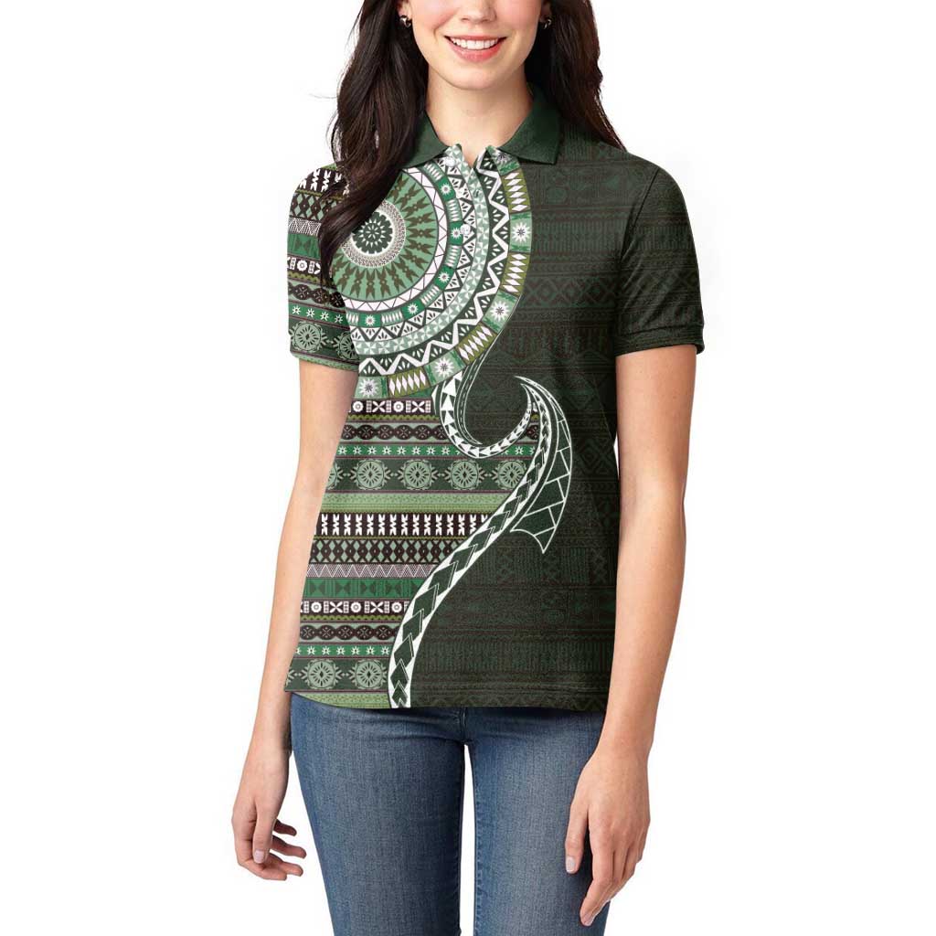 Fijian Masi Tribal Tattoos Art Pattern Women Polo Shirt Green Color Half Style - Polynesian Pride