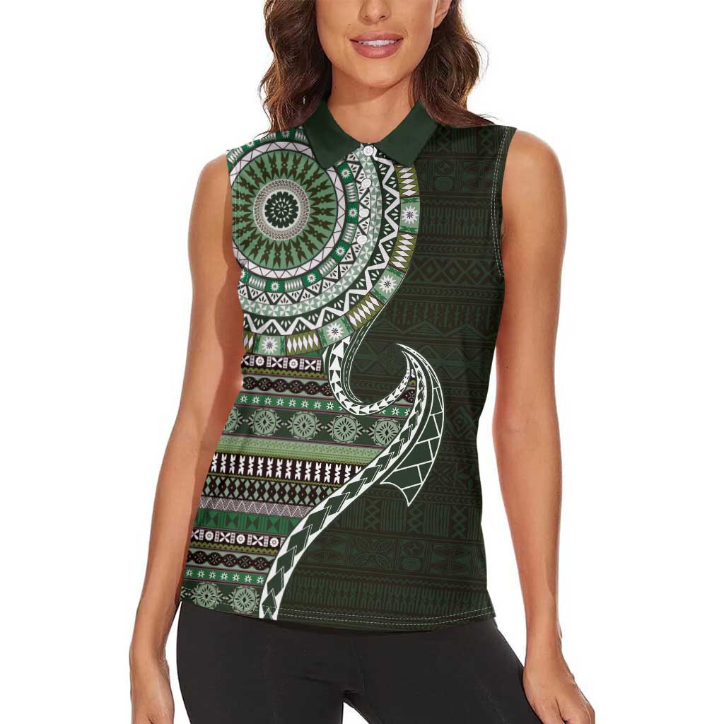 Fijian Masi Tribal Tattoos Art Pattern Women Sleeveless Polo Shirt Green Color Half Style - Polynesian Pride