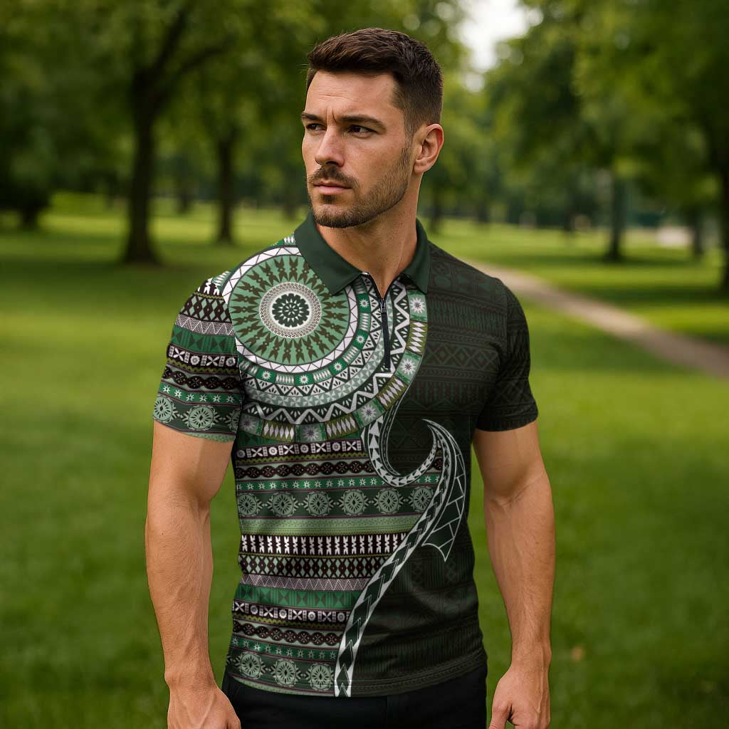 Fijian Masi Tribal Tattoos Art Pattern Zipper Polo Shirt Green Color Half Style - Polynesian Pride
