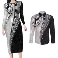 Fijian Masi Tattoos Couples Matching Long Sleeve Bodycon Dress and Long Sleeve Button Shirt with Tapa Tribal Pattern - Polynesian Pride