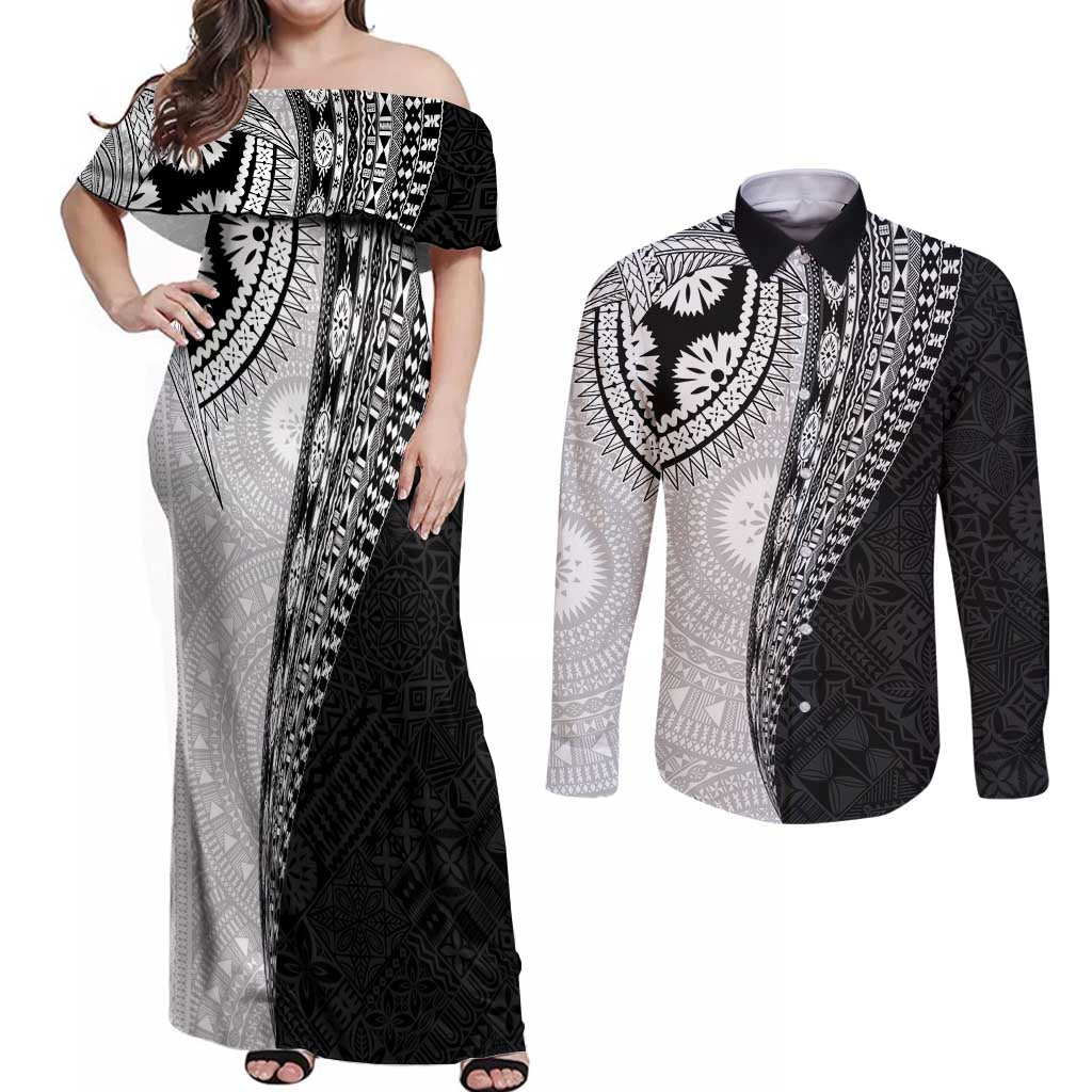 Fijian Masi Tattoos Couples Matching Off Shoulder Maxi Dress and Long Sleeve Button Shirt with Tapa Tribal Pattern - Polynesian Pride