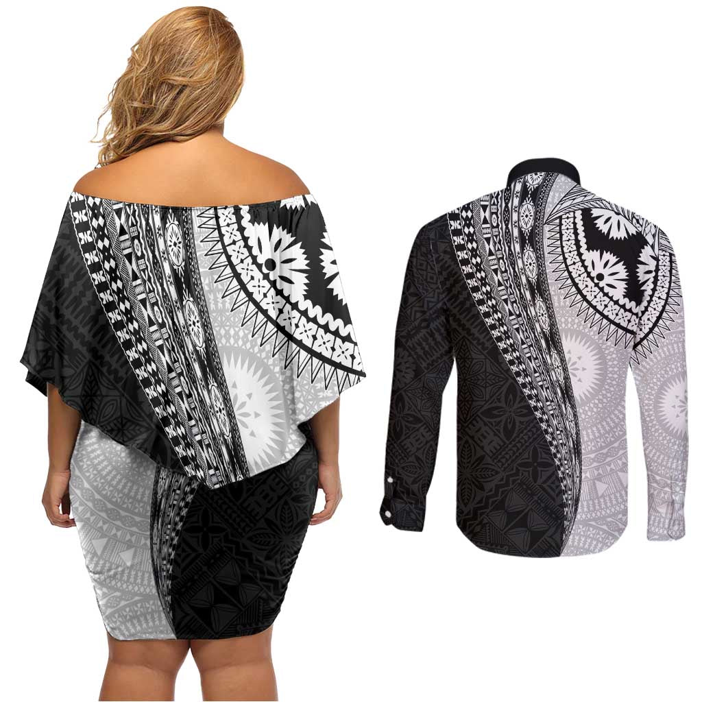 Fijian Masi Tattoos Couples Matching Off Shoulder Short Dress and Long Sleeve Button Shirt with Tapa Tribal Pattern - Polynesian Pride