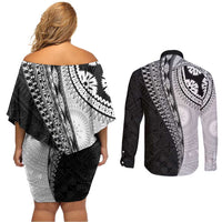 Fijian Masi Tattoos Couples Matching Off Shoulder Short Dress and Long Sleeve Button Shirt with Tapa Tribal Pattern - Polynesian Pride