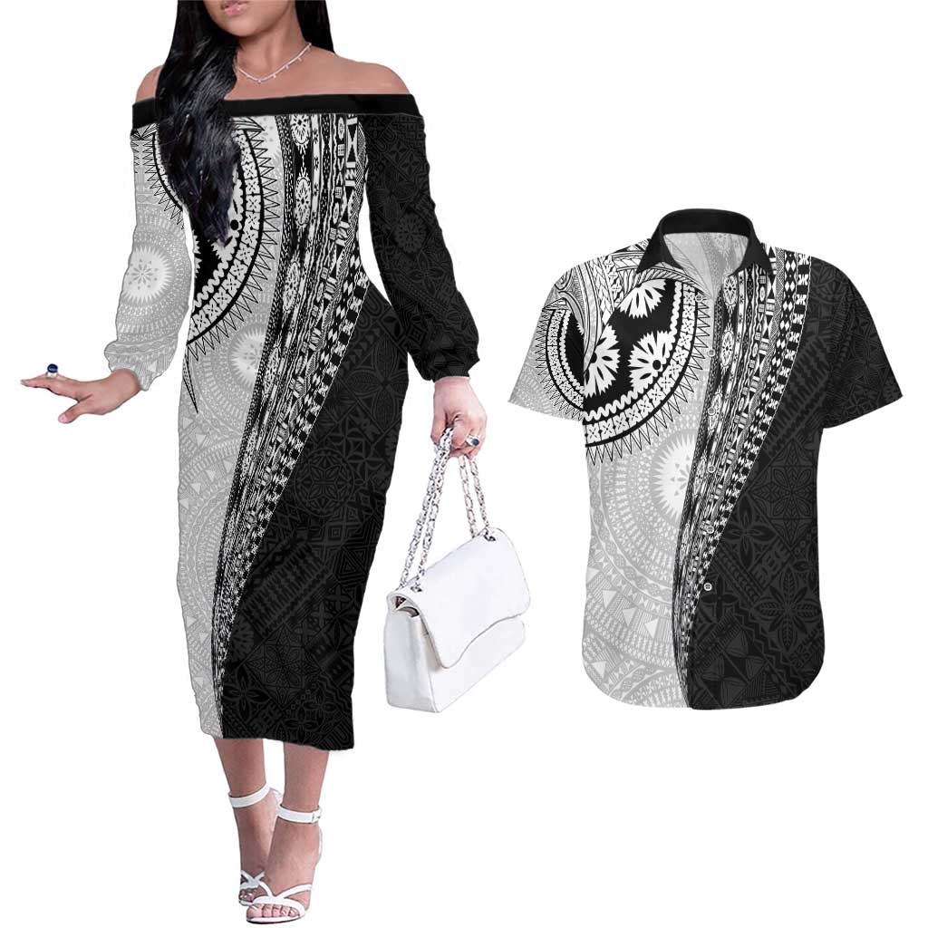 Fijian Masi Tattoos Couples Matching Off The Shoulder Long Sleeve Dress and Hawaiian Shirt with Tapa Tribal Pattern - Polynesian Pride