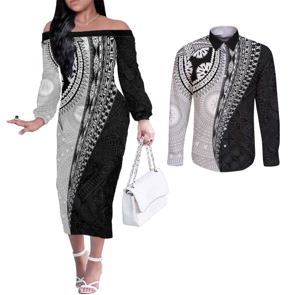 Fijian Masi Tattoos Couples Matching Off The Shoulder Long Sleeve Dress and Long Sleeve Button Shirt with Tapa Tribal Pattern - Polynesian Pride