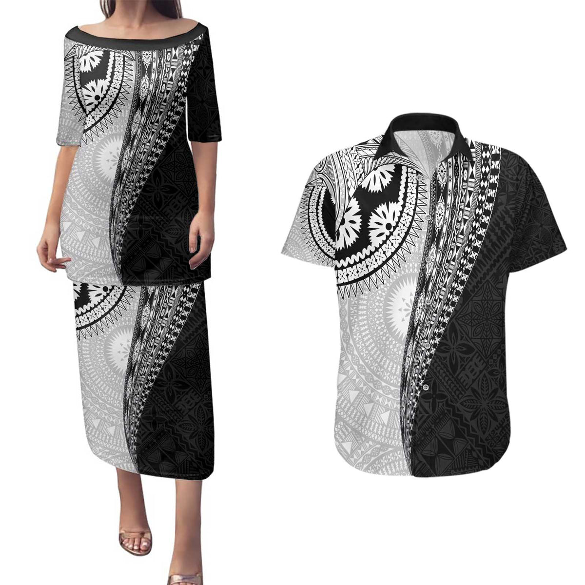 Fijian Masi Tattoos Couples Matching Puletasi and Hawaiian Shirt with Tapa Tribal Pattern - Polynesian Pride