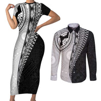 Fijian Masi Tattoos Couples Matching Short Sleeve Bodycon Dress and Long Sleeve Button Shirt with Tapa Tribal Pattern - Polynesian Pride