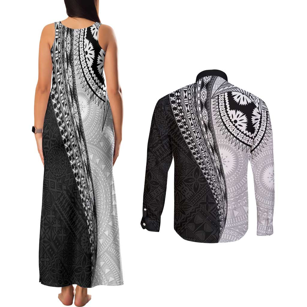 Fijian Masi Tattoos Couples Matching Tank Maxi Dress and Long Sleeve Button Shirt with Tapa Tribal Pattern - Polynesian Pride