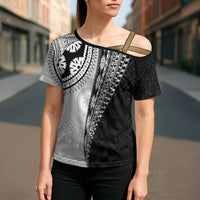 Fijian Masi Tattoos Cross Shoulder Shirt with Tapa Tribal Pattern - Polynesian Pride