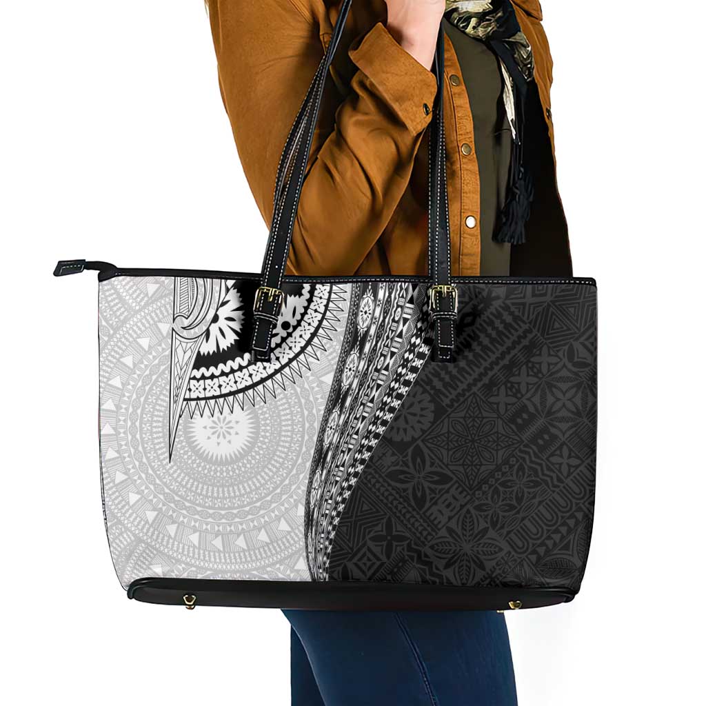 Fijian Masi Tattoos Leather Tote Bag with Tapa Tribal Pattern - Polynesian Pride