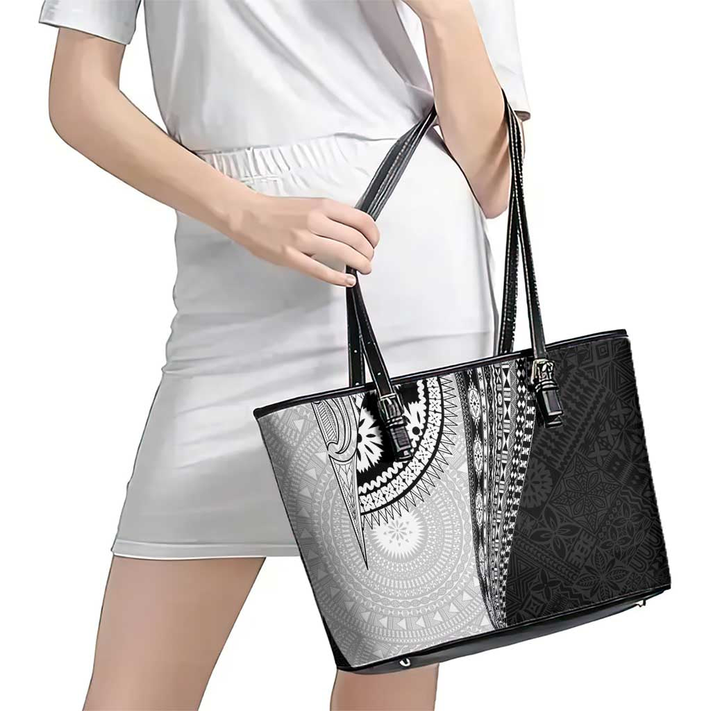Fijian Masi Tattoos Leather Tote Bag with Tapa Tribal Pattern - Polynesian Pride