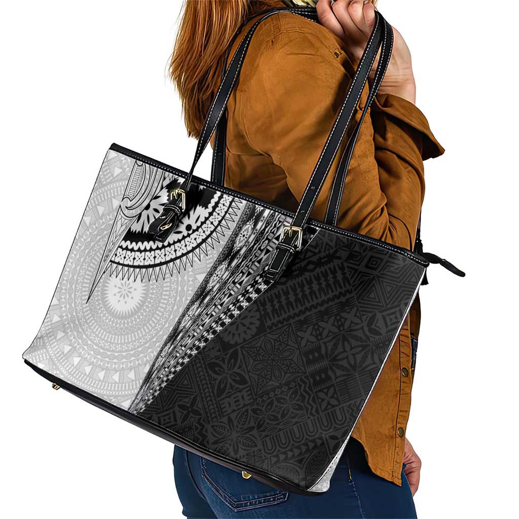 Fijian Masi Tattoos Leather Tote Bag with Tapa Tribal Pattern - Polynesian Pride