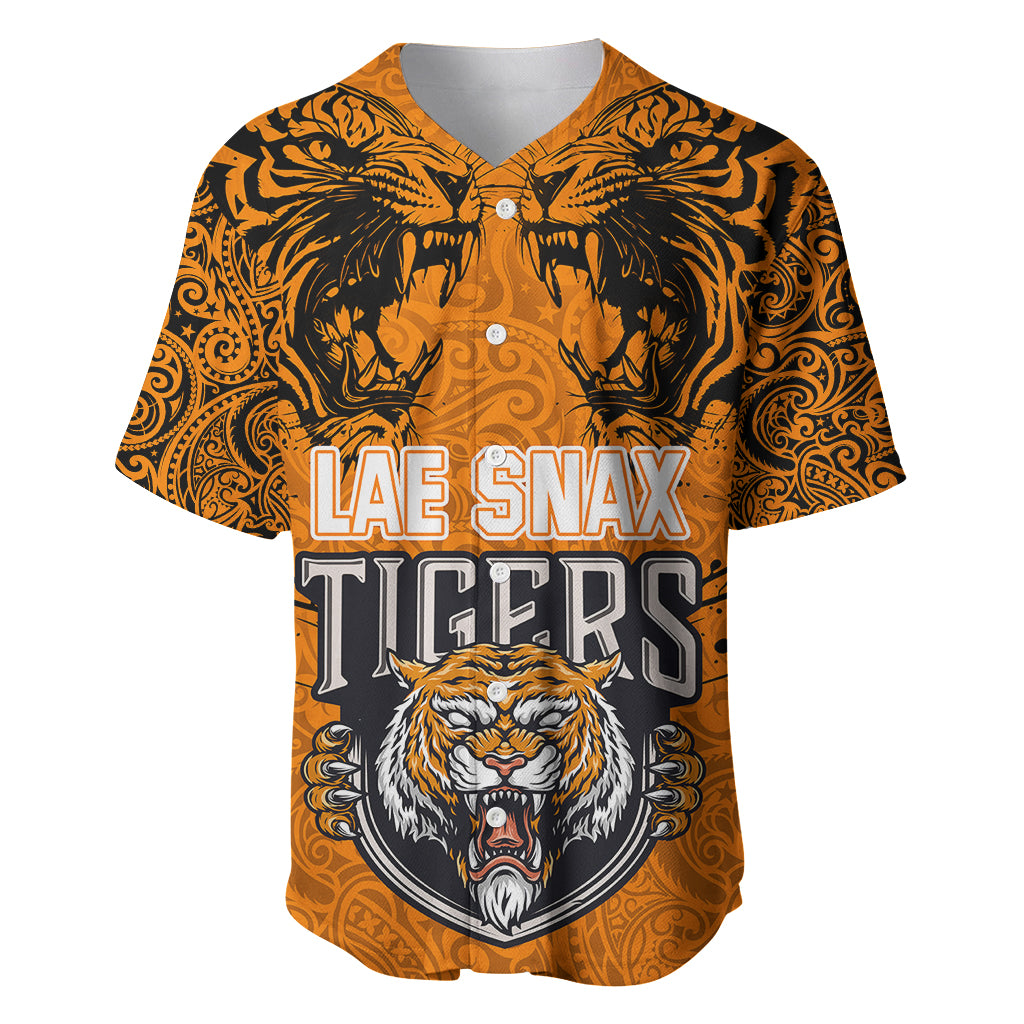 PNG Lae Snax Tigers Rugby Baseball Jersey The Tigers Head and PNG Bird Polynesian Tattoo LT03 Orange - Polynesian Pride