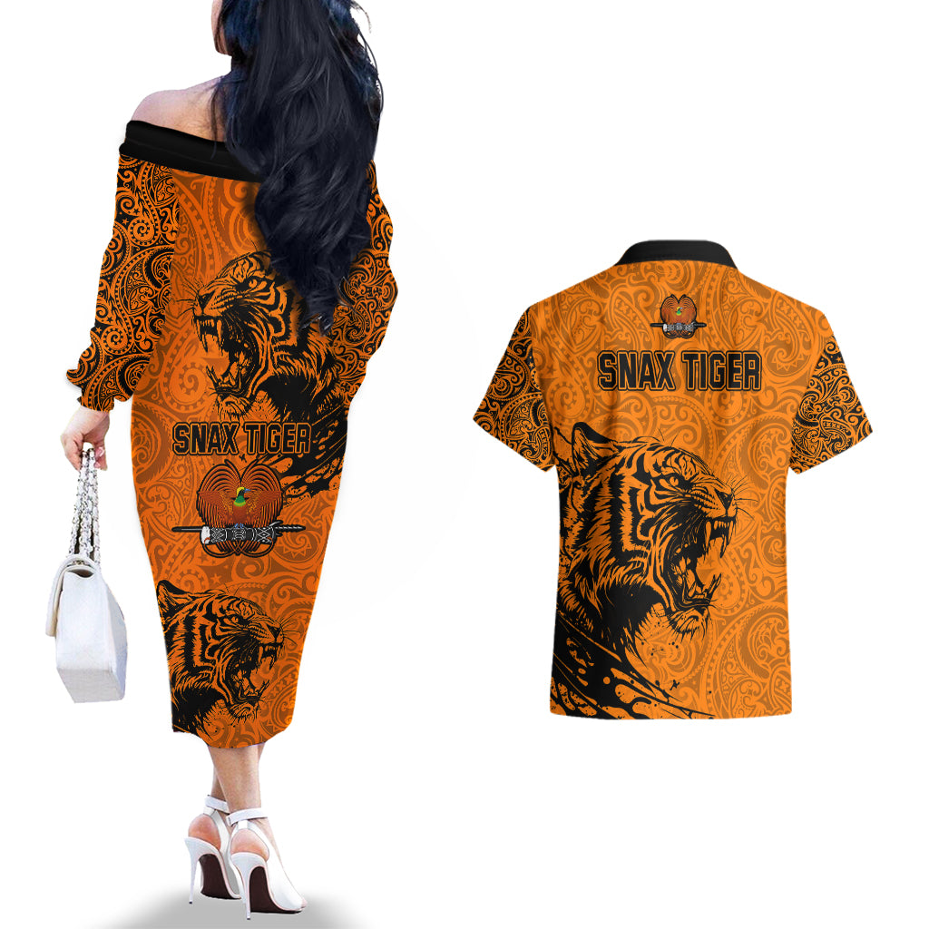 PNG Lae Snax Tigers Rugby Couples Matching Off The Shoulder Long Sleeve Dress and Hawaiian Shirt The Tigers Head and PNG Bird Polynesian Tattoo LT03 - Polynesian Pride