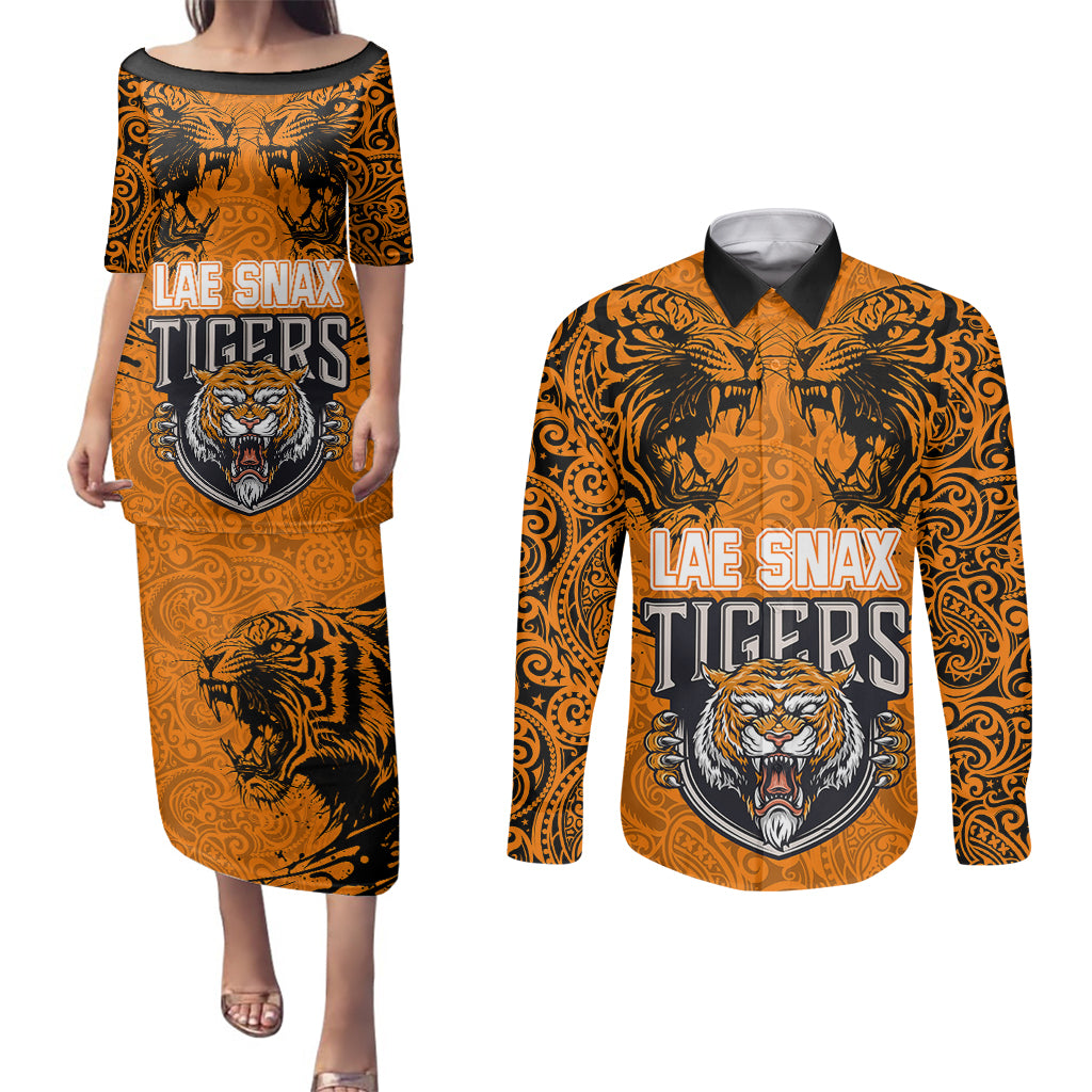 PNG Lae Snax Tigers Rugby Couples Matching Puletasi Dress and Long Sleeve Button Shirts The Tigers Head and PNG Bird Polynesian Tattoo LT03 Orange - Polynesian Pride