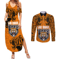 PNG Lae Snax Tigers Rugby Couples Matching Summer Maxi Dress and Long Sleeve Button Shirts The Tigers Head and PNG Bird Polynesian Tattoo LT03 Orange - Polynesian Pride