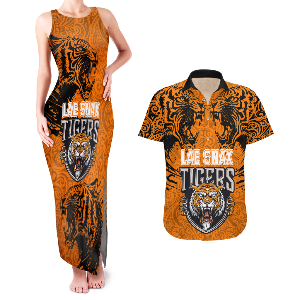 PNG Lae Snax Tigers Rugby Couples Matching Tank Maxi Dress and Hawaiian Shirt The Tigers Head and PNG Bird Polynesian Tattoo LT03 Orange - Polynesian Pride