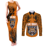 PNG Lae Snax Tigers Rugby Couples Matching Tank Maxi Dress and Long Sleeve Button Shirts The Tigers Head and PNG Bird Polynesian Tattoo LT03 Orange - Polynesian Pride