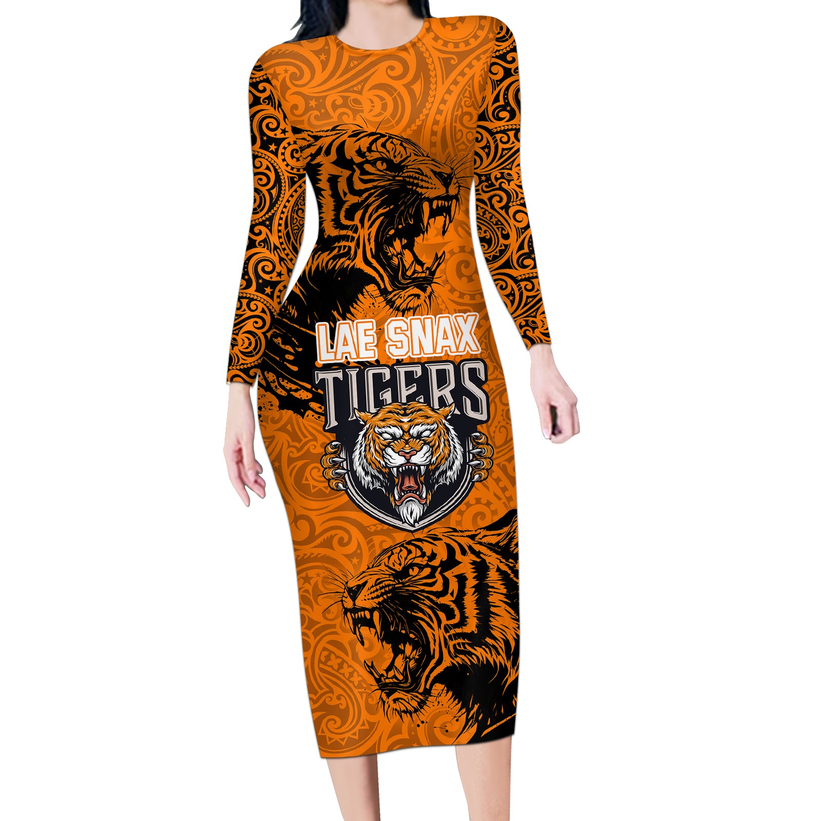 PNG Lae Snax Tigers Rugby Long Sleeve Bodycon Dress The Tigers Head and PNG Bird Polynesian Tattoo LT03 Long Dress Orange - Polynesian Pride