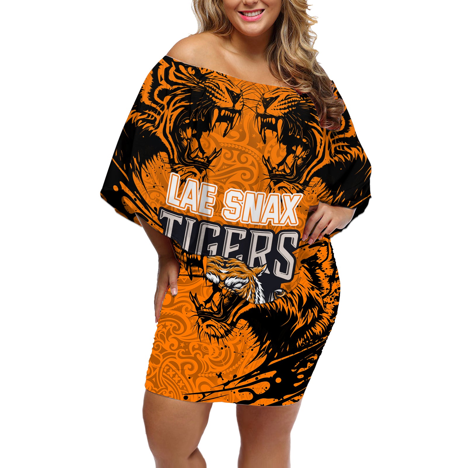 PNG Lae Snax Tigers Rugby Off Shoulder Short Dress The Tigers Head and PNG Bird Polynesian Tattoo LT03 Women Orange - Polynesian Pride