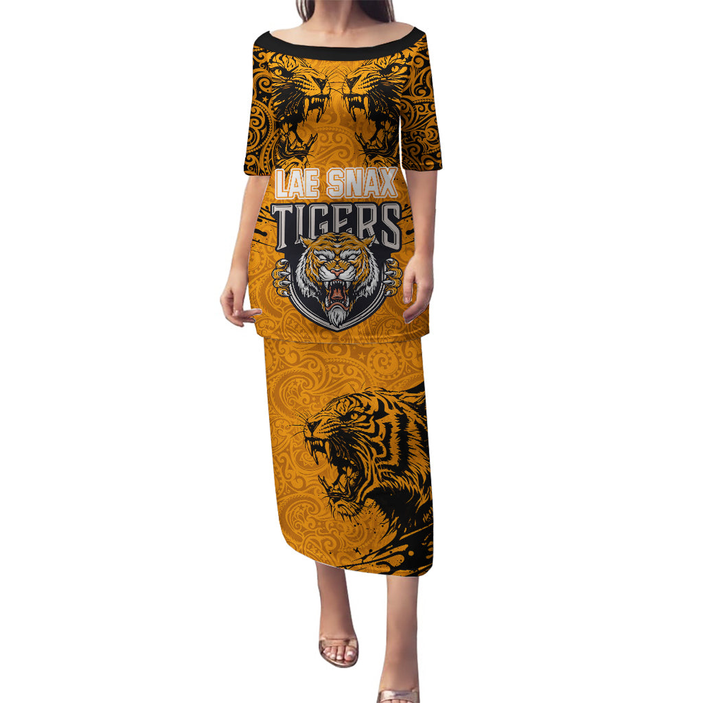 PNG Lae Snax Tigers Rugby Puletasi The Tigers Head and PNG Bird Polynesian Tattoo LT03 Long Dress Orange - Polynesian Pride
