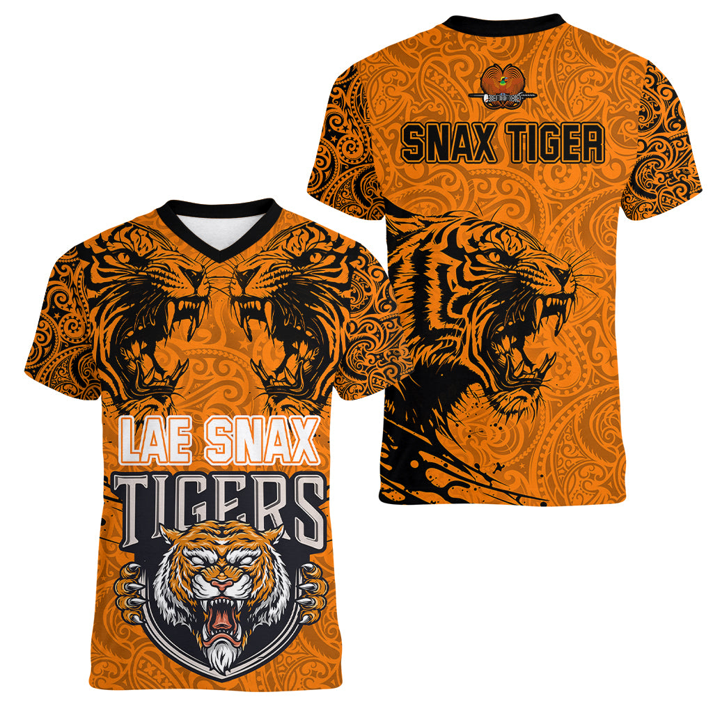 PNG Lae Snax Tigers Rugby Women V Neck T Shirt The Tigers Head and PNG Bird Polynesian Tattoo LT03 - Polynesian Pride