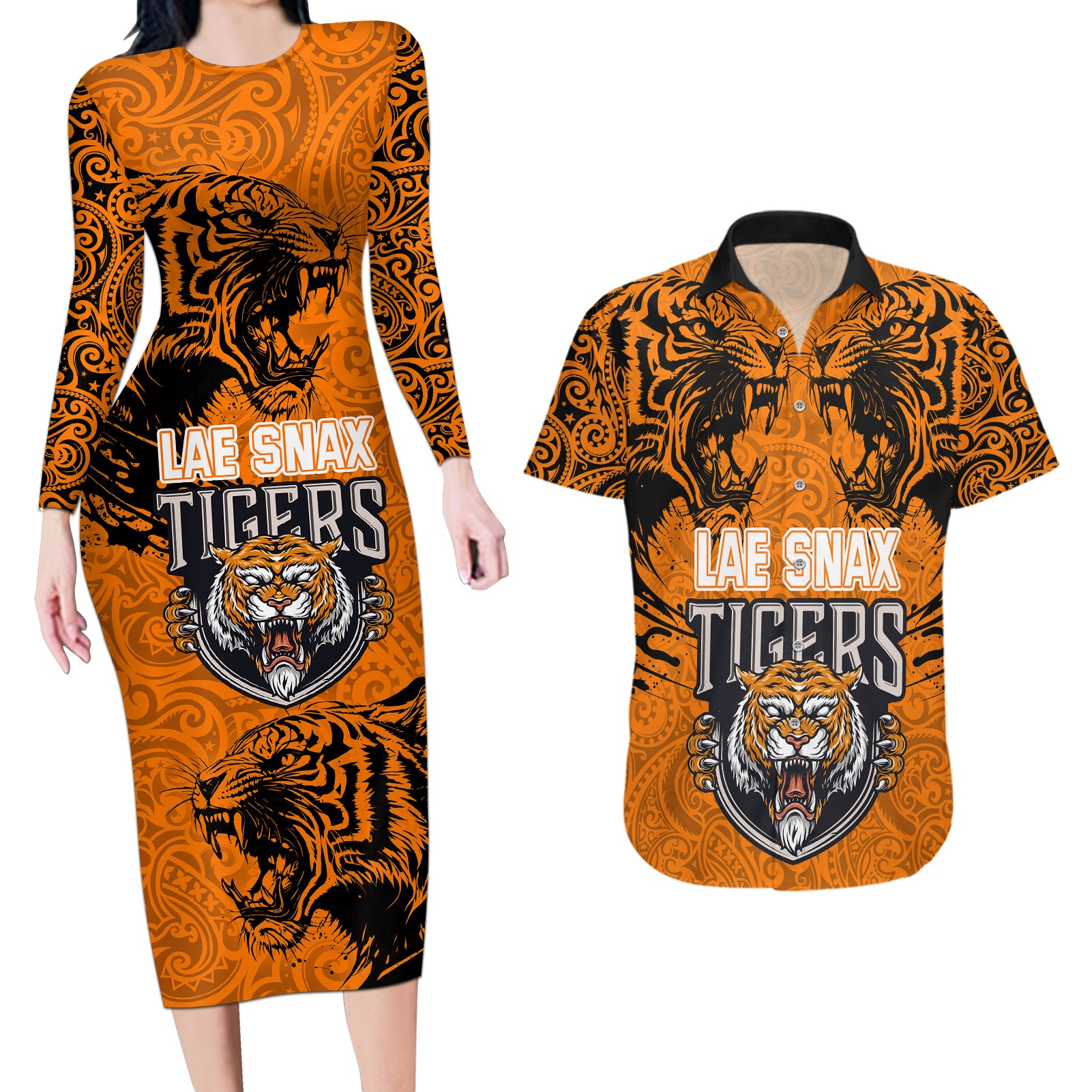 Custom PNG Lae Snax Tigers Rugby Couples Matching Long Sleeve Bodycon Dress and Hawaiian Shirt The Tigers Head and PNG Bird Polynesian Tattoo LT03 Orange - Polynesian Pride